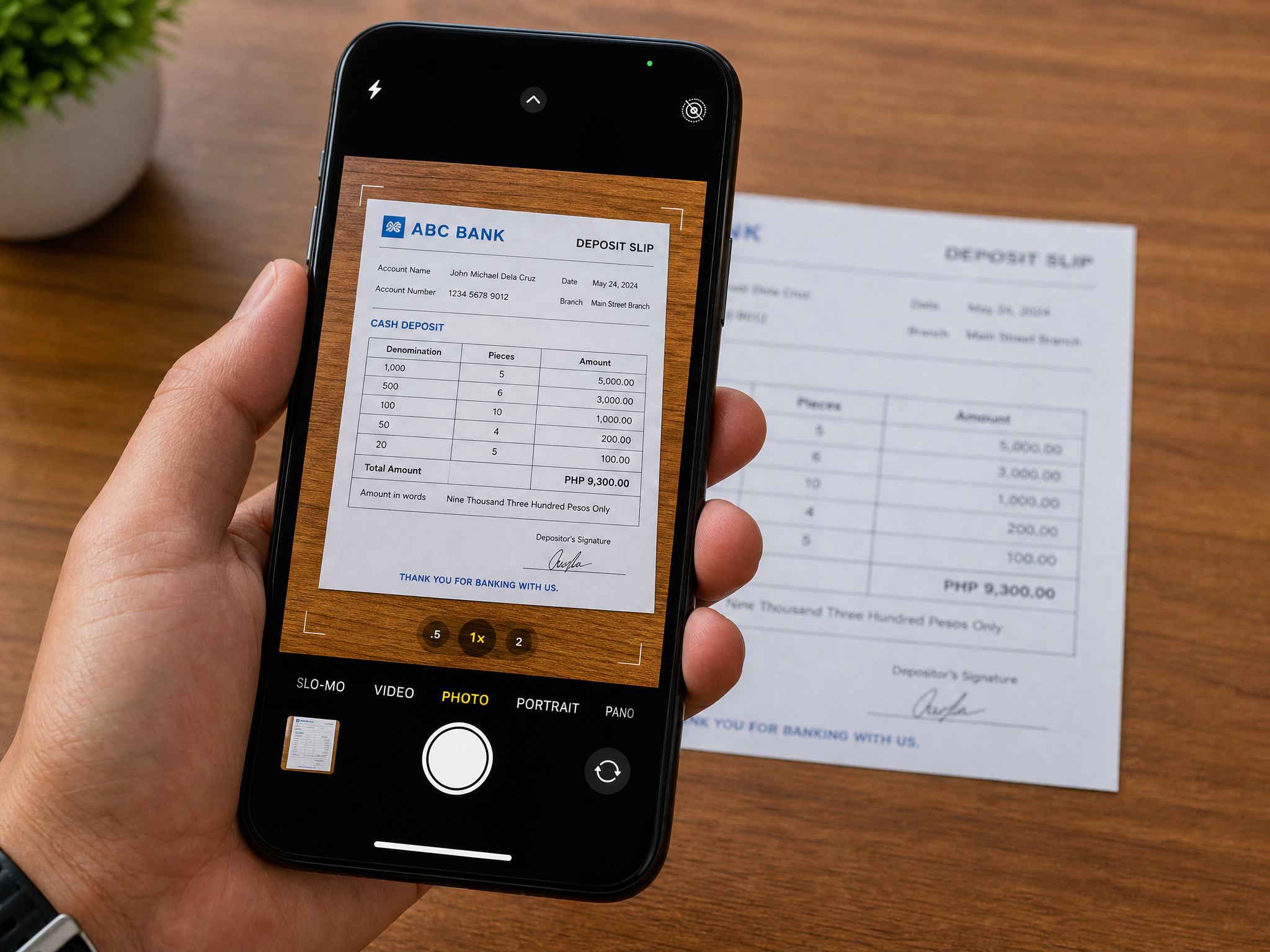 Phone camera capturing a bank deposit slip